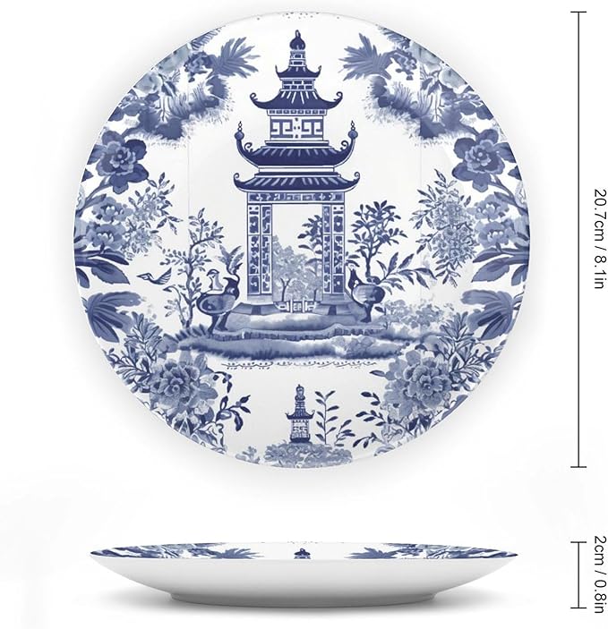 China Plates Chinoiserie Blue Asian Pagoda Customize Decor for Wedding Table Housewarming Gifts Display Wall Hanging Decorative Plate with Display Stand And Hook Up, Multi Sizes, Gifts for Men Women