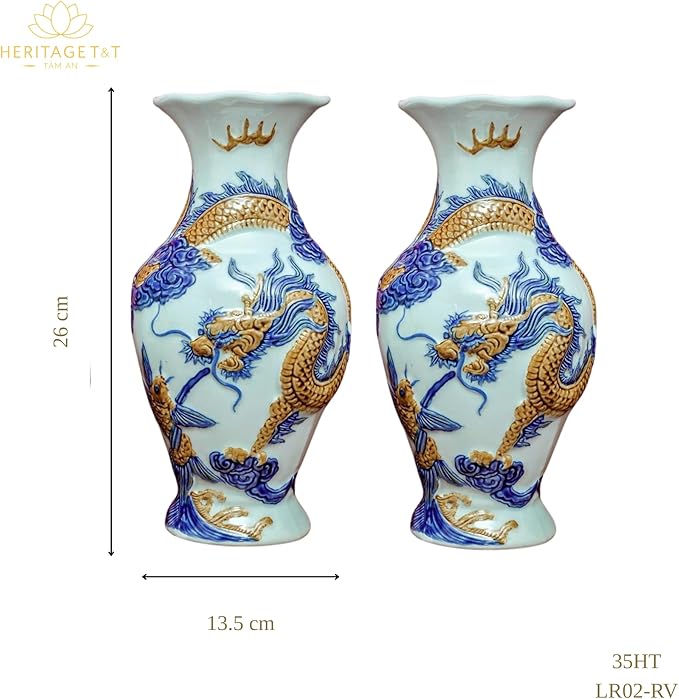 HERITAGE T&T Dragon Flower Altar Vase Pair – Bat Trang Handmade Ceramic – Buddhist Altar Flower Vase Set – Traditional Asian Home Decor – 1 Pair (2 Vases) - Blue & Yellow Glaze, Height 26 cm (10.2 in)