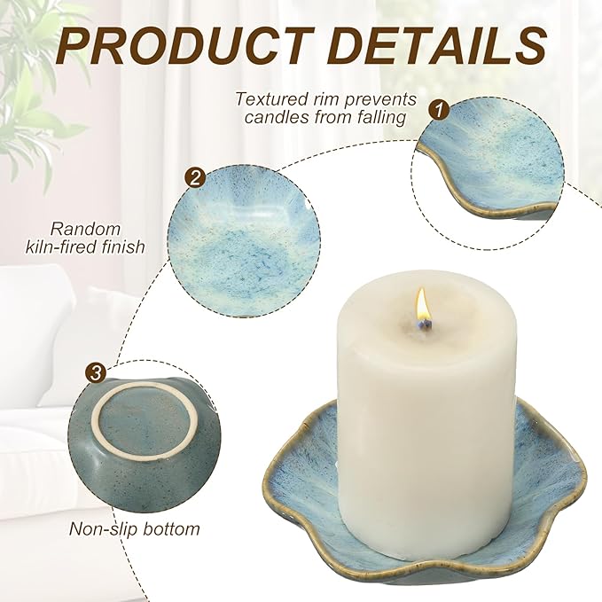uxcell Candle Holder Plates, 4 Inch Ceramic Candle Tray Tealight Incense Holder Dish Candlestick for Tea Light Aromatherapy Wedding Rustic Vintage Home Decor, Lotus Leaf Retro Blue