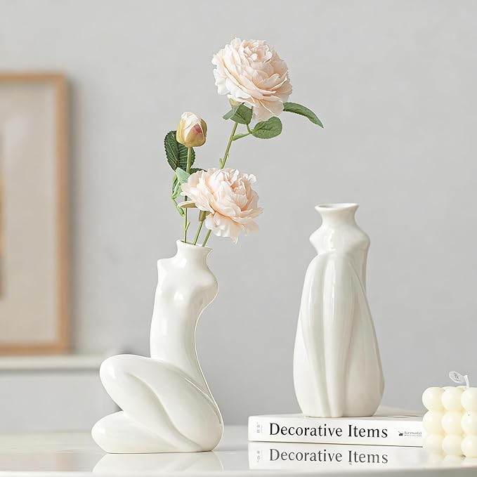 Abstract Body Shaped Ceramic Vase, Artistic White Ceramic Flower Vase for Home Decor, Table Centerpiece, Modern Aesthetic (Slender waist-7.87'' H)