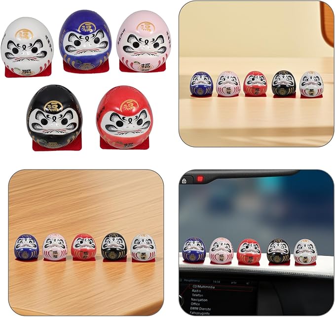 5pcs Japanese Ceramic Lucky Dolls Miniature Figurines Small Dashboard Statues for Car and Home Decoration 4.7cm Sculptures Asian Collectible Ornaments
