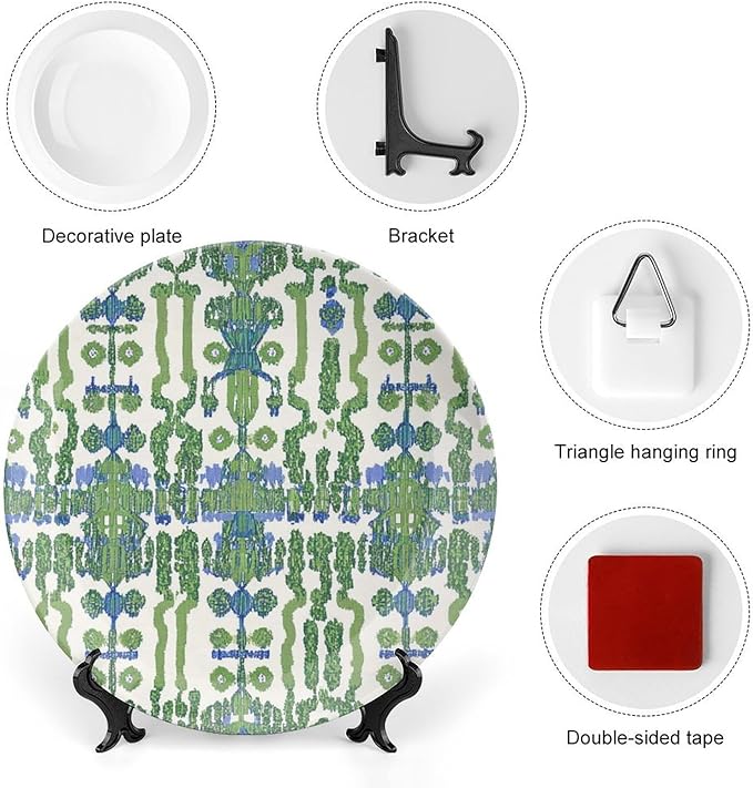 Green And Blue Ikat Plates Ceramic of 6", 7", 9", 10", Personalized Geometry Ikat Exotic Design Collector Plates, Display Farmhouse Decorations Table, 1 Plate with 1 Display Stand