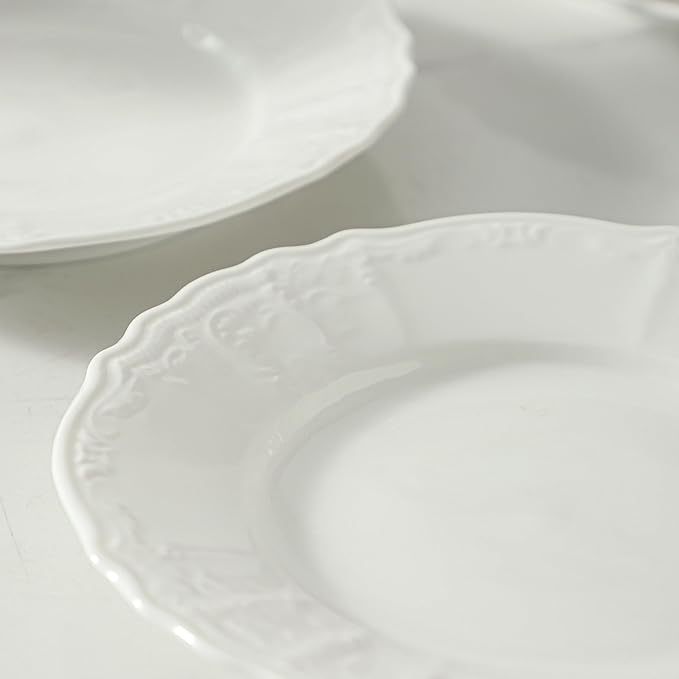 8 Pack Ceramic Dessert Plates Appetizer, 7.5 inch Small Round Dinner Plates, Embossed White Plates Salad Plate for Pancakes, Snacks Side Dish