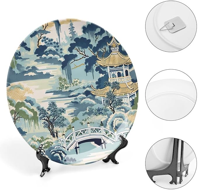Blue And White Chinoiserie Pagoda Ming Toile Asian Decorative Plate, Custom Hand-Painted Ceramic Decorative Plates for Display Club Decor, with Vertical Stand Art Decor for Festival Home