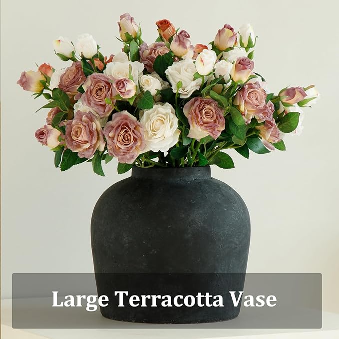 Large Ceramic Vase, 11" Rustic Farmhouse Terracotta Vase for Home Decor, Artisan Decorative Flower Vase for Living Room, Table Centerpiece, Bedroom (Rustic Black)