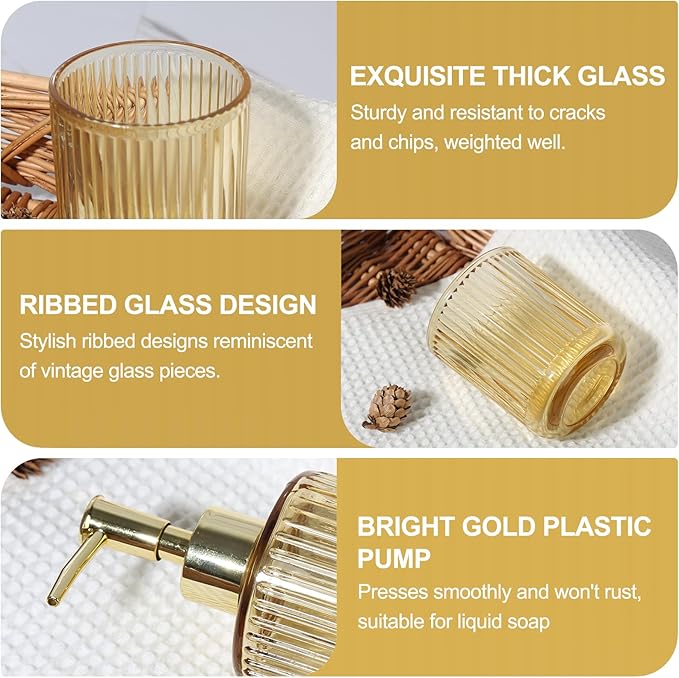 Gold Bathroom Accessories 4 Pcs, Gold Glass Soap Dispenser and Toothbrush Holder Set, Qtip Holder Set, Glass Bathroom Soap Dispenser Set, Yellow Orange Bathroom Decor