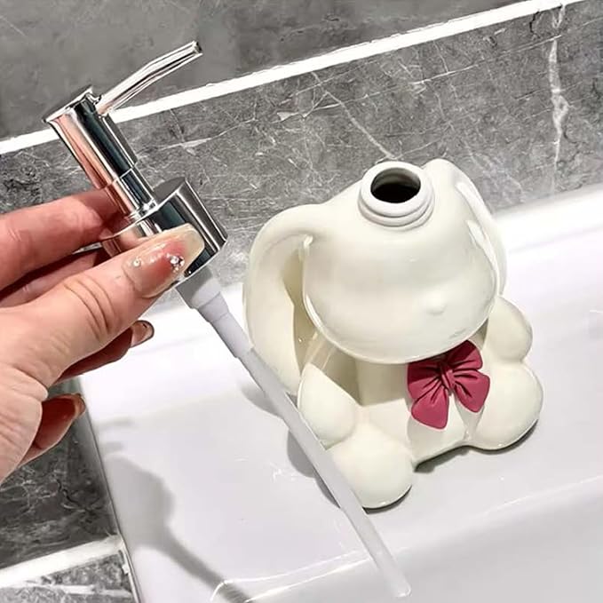 Cute Rabbit Ceramics Countertop Soap Dispenser, 11oz/320ml Elegant Long Eared Rabbit Design Hand Dish Lotion Dispenser for Kitchen, Bathroom and Bedroom (White)