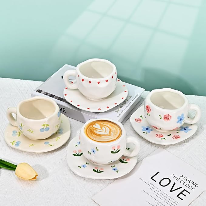 Koythin Ceramic Coffee Mug with Saucer Set, Cute Creative Pink and Blue Floral Cup Unique Irregular Design for Office and Home, 10 oz/300 ml for Latte Tea Milk