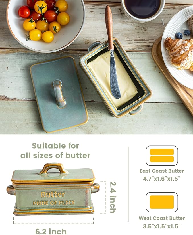 Butter Dish with Lid, Ceramic Butter Holder Container Large Butter Dish for Countertop Farmhouse Decor for Mother's Day, Butter Keeper for East West Coast Butter, Green