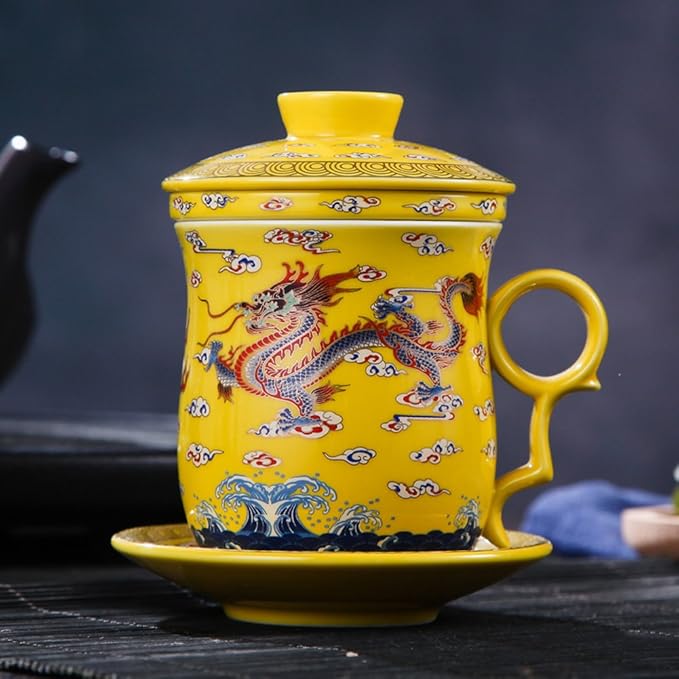 Porcelain Tea Cup with Infuser Lid and Saucer Sets - Chinese Jingdezhen Ceramics Coffee Mug Teacup Loose Leaf Tea Brewing System for Home Office