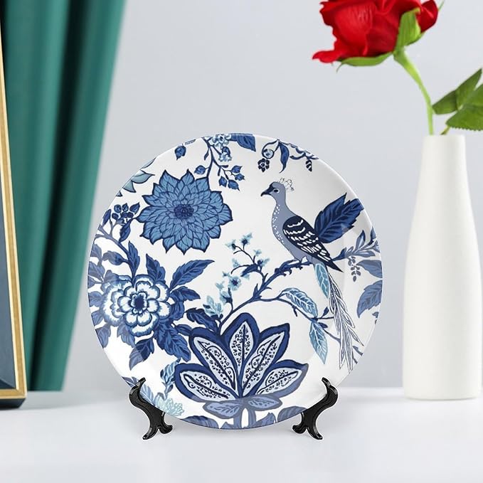 Vintage Plates Blue Indigo Floral Chinoiserie Custom Decor for Farmhouse Office Club Wall Wall Hanging Decorative Plate Including Bracket And Special Hook, Multi Sizes, Gifts for Men Women