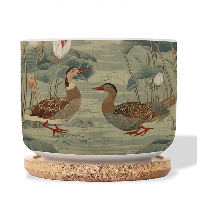 and Duck Garden Small Ceramics Planters Set of 1 Green Water Lily Chinoiserie Flower Ceramics Plant Pot with Drainage Holes and Bamboo Tray Chinoiserie Chic Planter for Succulents