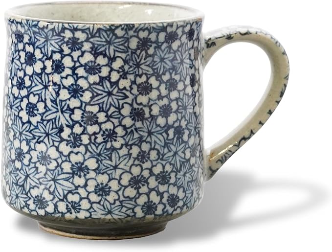 Nostalgic Mino Ware Ceramic Sometsuke Small Mug Cup - Japanese Crafted, Floral Pattern, Comfort Grip Handle, For Coffee and Green Tea or Soup, Matcha Tea, Gift Box Included (Kyokomon)