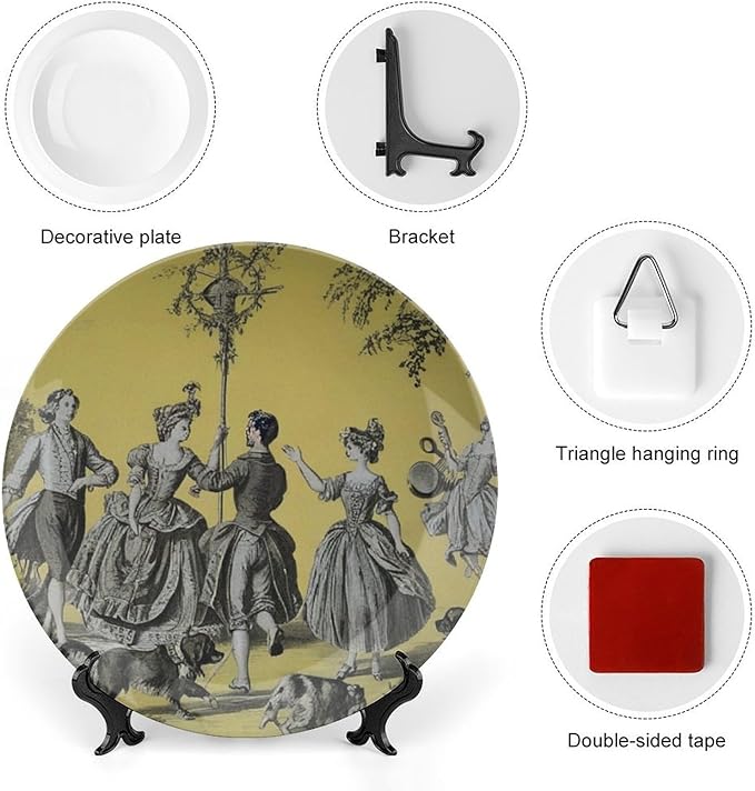 Home Decorations Decorative Plate, Romantic French Toile Personalized Christmas Gifts Ceramic Craft for Decorative Ornaments for Wall Household Farmhouse Decor, Including Bracket And Special Hook
