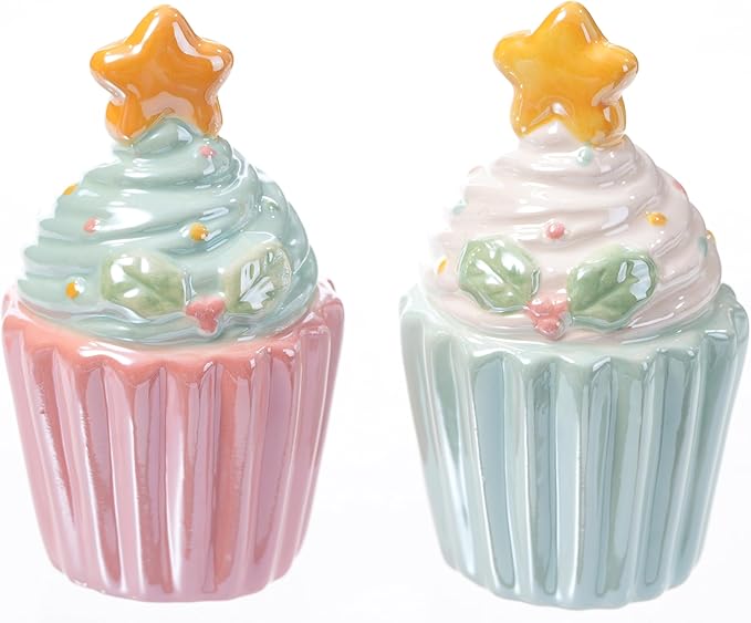 The Bridge Collection Ceramic Pastel Cupcake Salt & Pepper Shakers - Festive Cupcakes with Stars Holiday Shaker Set