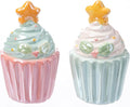 The Bridge Collection Ceramic Pastel Cupcake Salt & Pepper Shakers - Festive Cupcakes with Stars Holiday Shaker Set