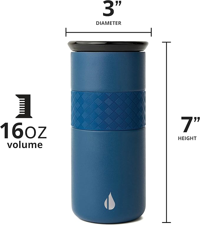 Elemental Personalized Artisan Insulated Tumbler, Triple Wall Coffee Travel Tumbler, Reusable Stainless Steel Coffee Tumbler with Ceramic Lid, Thermal Coffee Cup for Hot & Cold, 16oz - Navy Blue