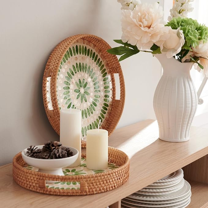 YANGQIHOME Round Serving Tray with Decorative Mother of Pearl Inlay, Wicker Tray for Home Decor, Table Decor, Gifts, Dining, Woven Tray for Food, Fruit, Coffee, 13.8 inch