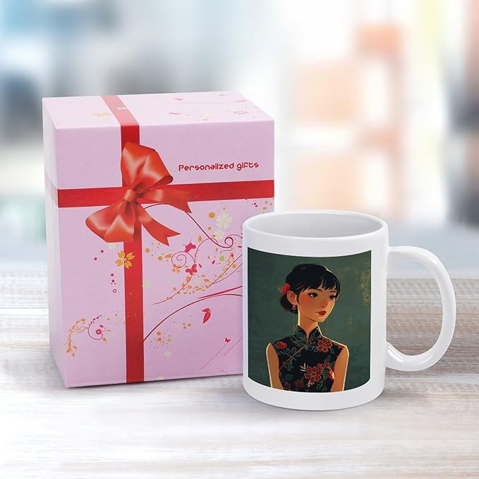 Asian Women Style Coffee Mugs Modern Ceramic Coffee Cups with Patterns Porcelain Tea Cups with Large Handles for Women Men Dishwasher And Microwave Safe