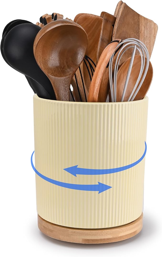 QUELIEN Utensil Holder, 360° Rotating Ceramic Kitchen Utensil Holder for Countertop, 7.7" Utensil Crock for Kitchen Counter with Rotatable Wooden Base,Ideal Housewarming Gift & Mothers Day Gift