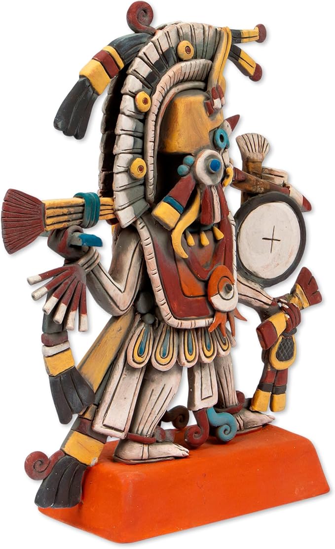 NOVICA Artisan Handcrafted Ceramic Sculpture Signed Artisan Aztec from Mexico Earthtone Multicolor Oak Buff Archaeological Fine Halloween [] ' Aztec God of Dawn'