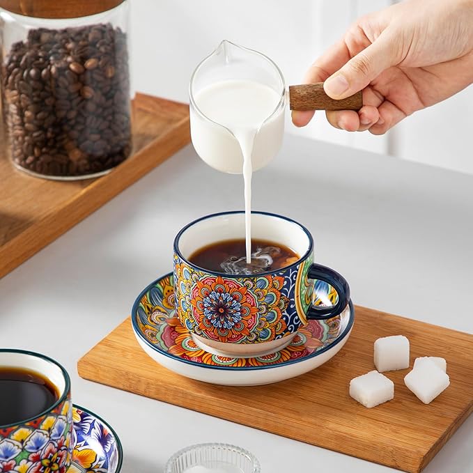 vancasso 8 Oz Stackable Espresso Cups with Saucers and Metal Stand Set of 4,Bohemian Ceramic Cappuccino Cups - Microwave and Dishwasher Safe, Perfect For Tea, Espresso, Latte, Cafe-03