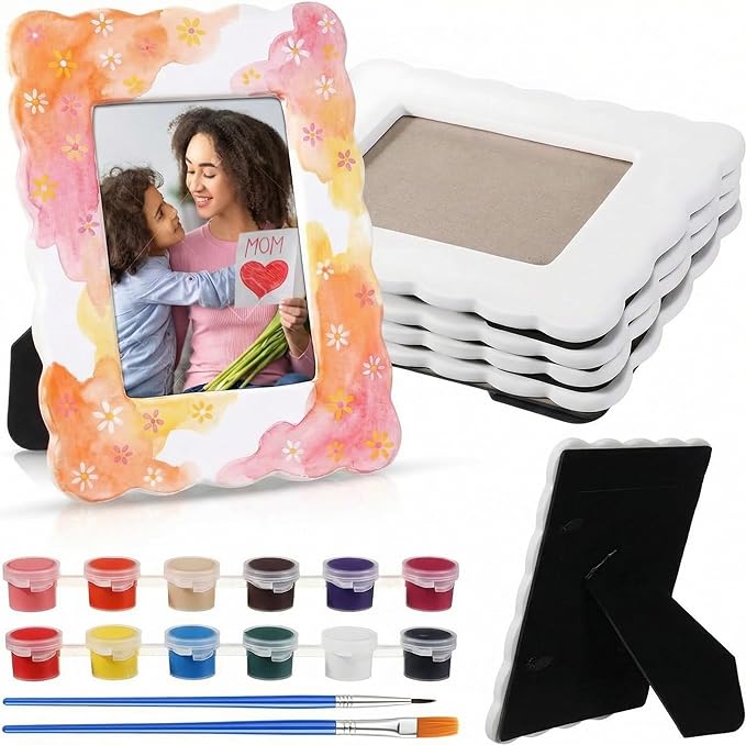 4 Set Ceramic Picture Frame Painting Craft Kit 4x6 Inch DIY Ceramic Photo Frame with Stand Painting Tools Set for Mother's Day Gift Holiday Party Art Decorate DIY Project (Rectangle)