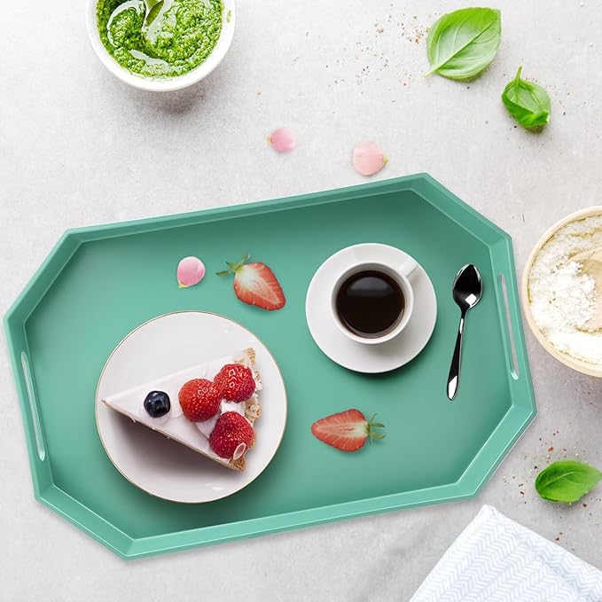 Green Octagonal Serving Tray with Handles for Coffee Table, Plastic Decorative Tray for Ottoman, Kitchen Counter, Living Room, Outdoor Lacquer for Entertaining