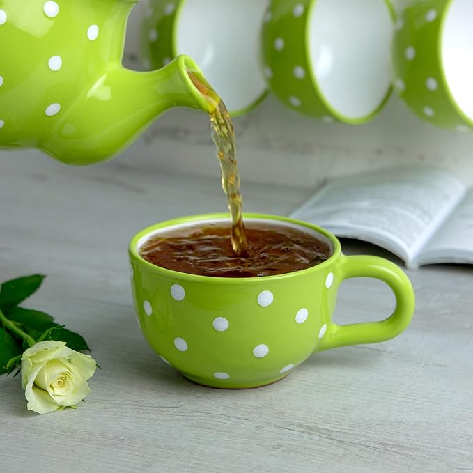 City to Cottage Handmade Ceramic Designer Lime Green and White Polka Dot Cup, Unique Extra Large 17.5oz/500ml Pottery Cappuccino, Coffee, Tea, Soup Mug | Housewarming Gift for Tea Lovers