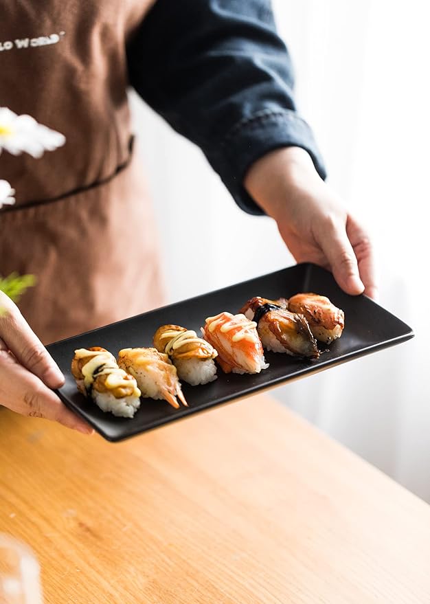 LAUCHUH Serving Platters, 10” Porcelain Serving Tray Sushi Plates Rectangular Platters for Christmas, Thanksgiving, Sushi, Dessert Cake, Appetizers, Meat, Set of 4, Black