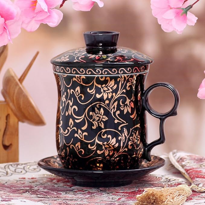 Porcelain Tea Cup with Infuser Lid and Saucer Sets - Chinese Jingdezhen Ceramics Coffee Mug Teacup Loose Leaf Tea Brewing System for Home Office