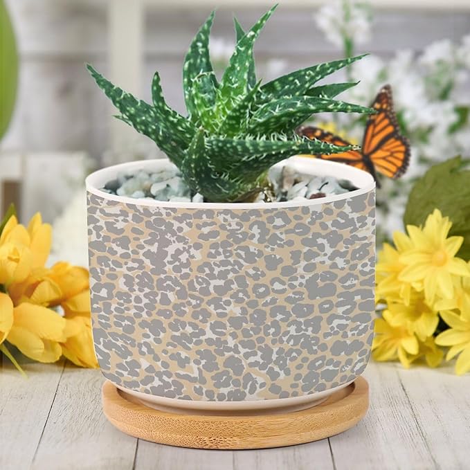 DreamAutumn Cheetah Leopard Print Animal Light Gray and Light Brown Ceramic Pots for Plants with Drainage Holes Round Flower Pot Bamboo Tray Orchid Pot Succulents Pots for Outdoor Indoor Plants