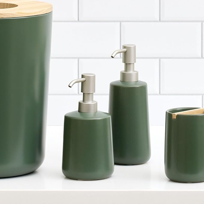 iDesign Dispenser for Bathroom Holds Hand Soap or Lotion-Set of 2-Moss Green Eco Vanity Ceramic Pump-Tall M2
