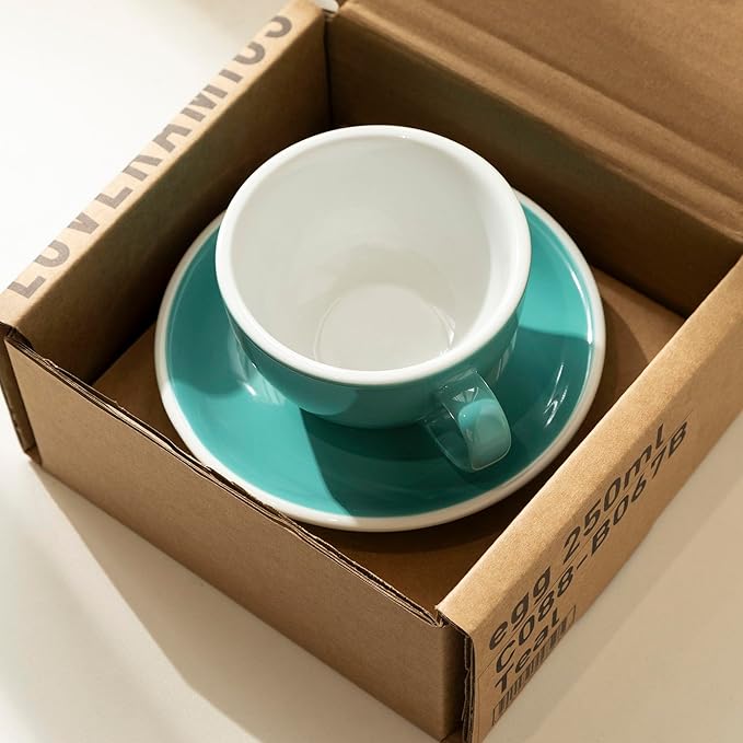 Loveramics Cappuccino Cup with Saucer, 8 oz Ceramic Coffee cup with Round Bottom for Cappuccino, Latte, Tea, Espresso, Thick-walled Stoneware Cup Set for Barista - Regular Colours (Teal, 8OZ)