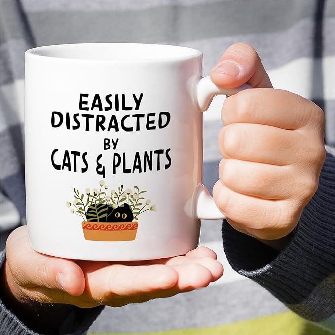 Retreez Funny Cat and Plant Lover Mug - Easily Distracted by Cat and Plants - 11 Oz Ceramic Coffee or Tea Cup - Hilarious Gift for Gardener, Cat Owner, Plant Lady - Birthday, Appreciation Gift For Mom