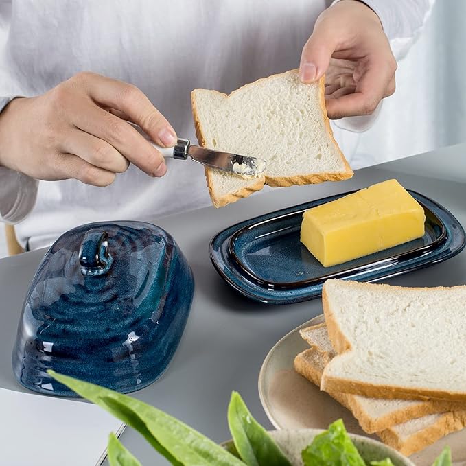 Hasense Butter Dish with Lid, Ceramic Butter Dish with Knife for Countertop with Covered, Large Butter Keeper Handle Design, Blue