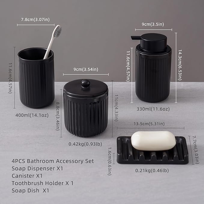Ceramic Bathroom Accessories Set,Foam Soap Dispenser and Toothbrush Holder Set, Soap Dish, Apothecary Jars,Rustic Farmhouse Decor, Bathroom Home Decor (Black Set, Foam)