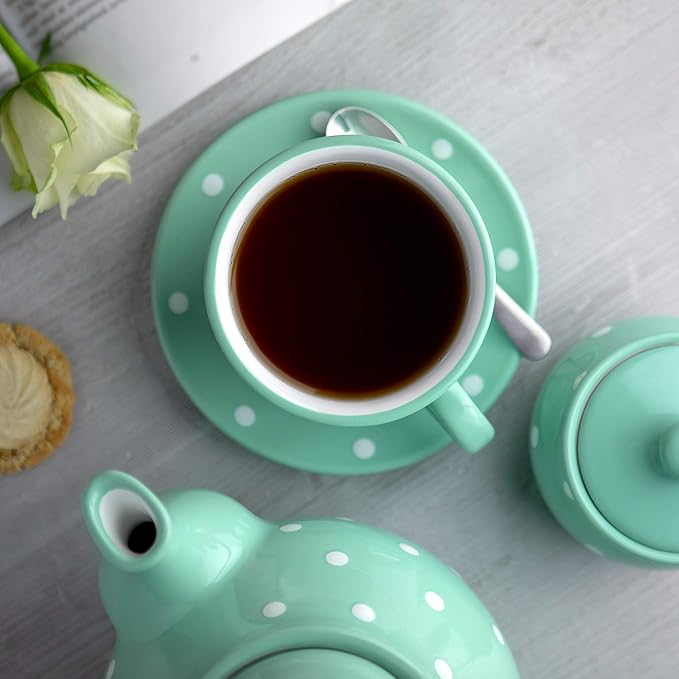 City to Cottage Handmade Teal Blue and White Polka Dot Large Ceramic 12oz/350ml Cappuccino Coffee Tea Cup and Saucer, Unique Designer Pottery for Tea Lovers