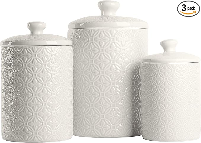 10 Strawberry Street CAN-HMPTN-WHT Kitchen Canister Set, 3 Piece, Hampton White