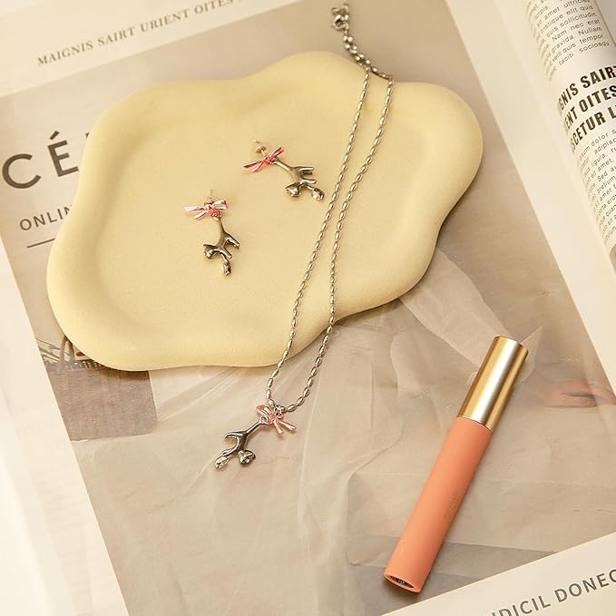 Jewelry Dish Trinket Tray for Women, Ring Dish Holder, Unique Cloud Shape Ceramic Plate Cute Things Vanity Aesthetic Room Decor Mother's Day Birthday (Flocked Custard)
