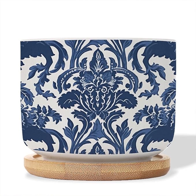 Blue Regalia Lion Small Ceramics Pots for Plants Set of 3 Indigo Blue Flower Lion Asian Ceramics Planter with Drainage and Bamboo Tray Chinoiserie Asian Garden Decor Succulent Pot