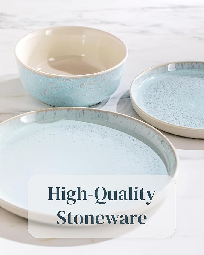 Stoneware breakfast & dessert plates set 2 pcs – Light beige & blue stylish cake plates – Dishwasher, microwave and scratch resistant – Small salad plates – Dinner service