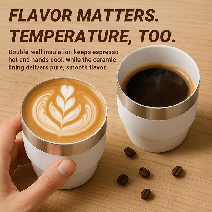 4 oz Small Espresso Cup, Ceramic-Lined 18/8 Stainless Steel, Double-Wall Vacuum Insulated, Stackable, Dishwasher Safe, Fits Most Espresso Machines, for Espresso Shots (Lilac, 2 Pack)