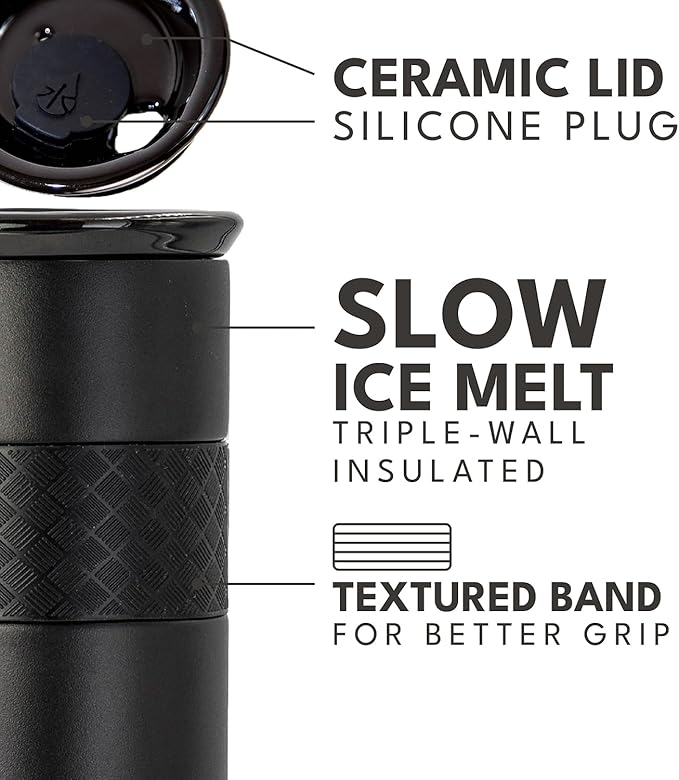 Elemental Artisan Inner Ceramic Coating Tumbler, Triple Wall Coffee Travel Mug, Reusable Stainless Steel Coffee Tumbler with Ceramic Lid for Hot (6 Hrs) & Cold (18 Hrs), 16oz - Black