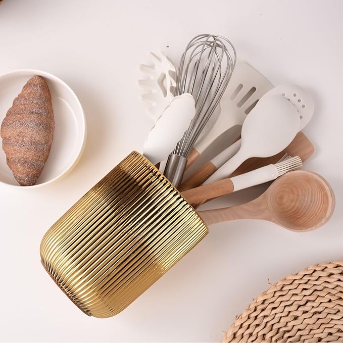 Utensil Holder, Ceramic Kitchen Gold Utensil Holder for Countertop,Cooking Utensil Crocks for Kitchen Counter 5.1 W x 6.6 H inches（stripes）