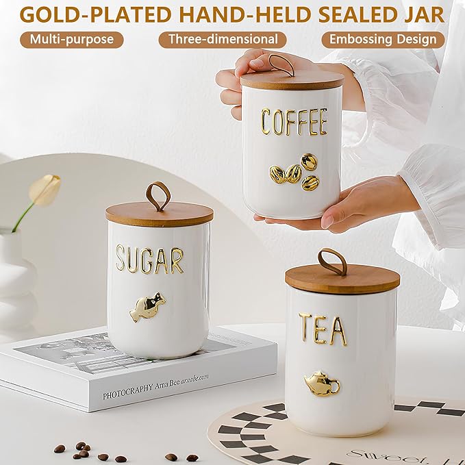Comeon Ceramic Canister Set with Airtight Seal Bamboo Lid Silicone, 27oz Food Storage Jars for Coffee Sugar Tea, Container Set for Kitchen Pantry Counter Decor (Coffee)