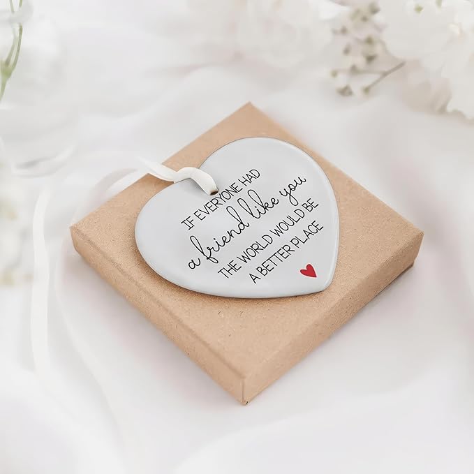 NGHYANA Christmas Tree Ornaments 2025, Heart Shaped Ceramic Ornament with Friendship Message – 3.1 Inch White Hanging Decor Gift