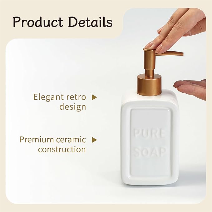Ceramic Retro Soap Dispenser with Gold Pump, 15oz Capacity, Premium Ceramic Design for Bathroom or Kitchen (White)