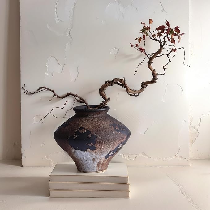 Wabi Sabi Ceramic Vase 6.7", Rustic Textured Pottery Vase, Organic Brown Black Farmhouse Vase with Wide Mouth, Watertight Flower Vase for Pampas Grass, Coffee Table & Shelf Decor
