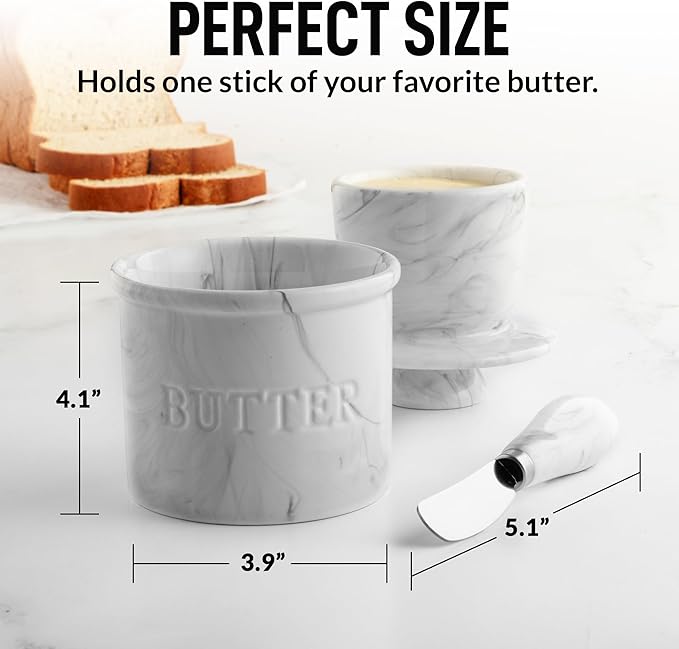 Zulay Kitchen Bell Shaped Butter Crock with Lid for Countertop with Water Line & Spreader Knife, Ceramic French Butter Dish Keeper For Fresh, Soft & Spreadable Butter - Marble